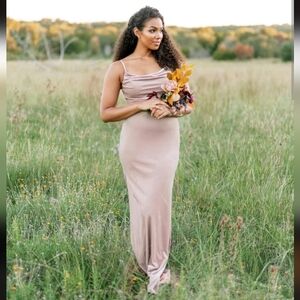 Revelry sz. 8 Skye Velvet Dress Long Maxi Gown Gold Champagne Drapes Cowl Neck